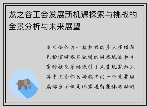 龙之谷工会发展新机遇探索与挑战的全景分析与未来展望