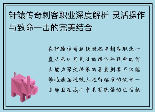 轩辕传奇刺客职业深度解析 灵活操作与致命一击的完美结合 轩辕传奇刺客职业深度解析 灵活操作与致命一击的完美结合